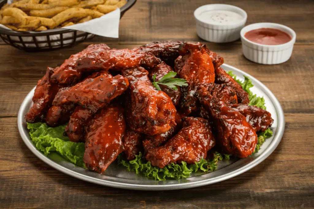 Crispy chicken wings with multiple sauces and dry rub flavors served on a game day table setup